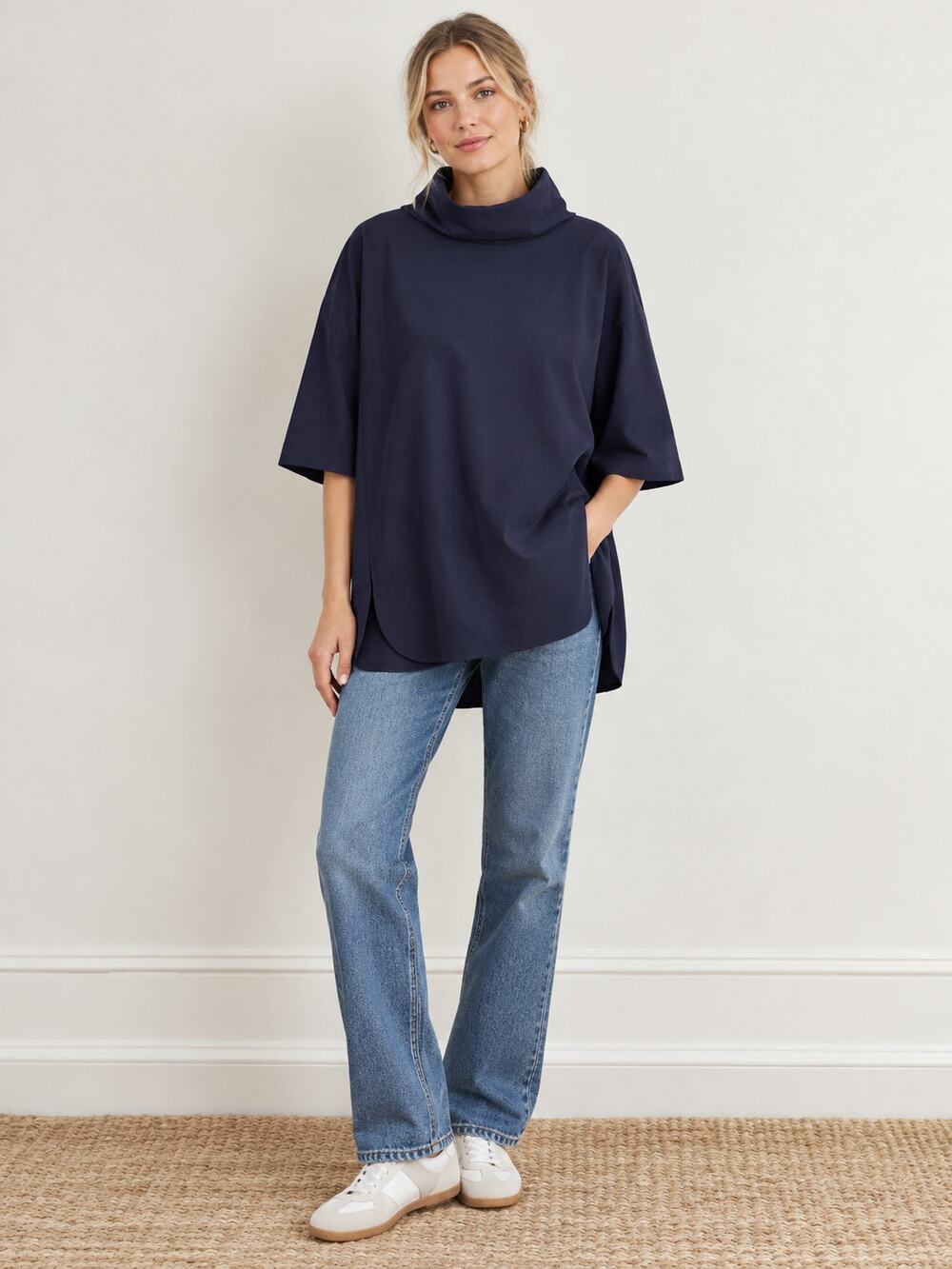 COS Women's SZ 6 Cotton Half Sleeve Roll Neck Tunic In Navy Blue Oversized